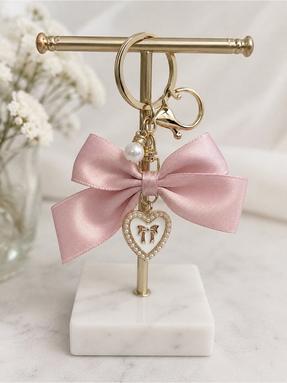Pink Satin Bow Heart Charm Keychain